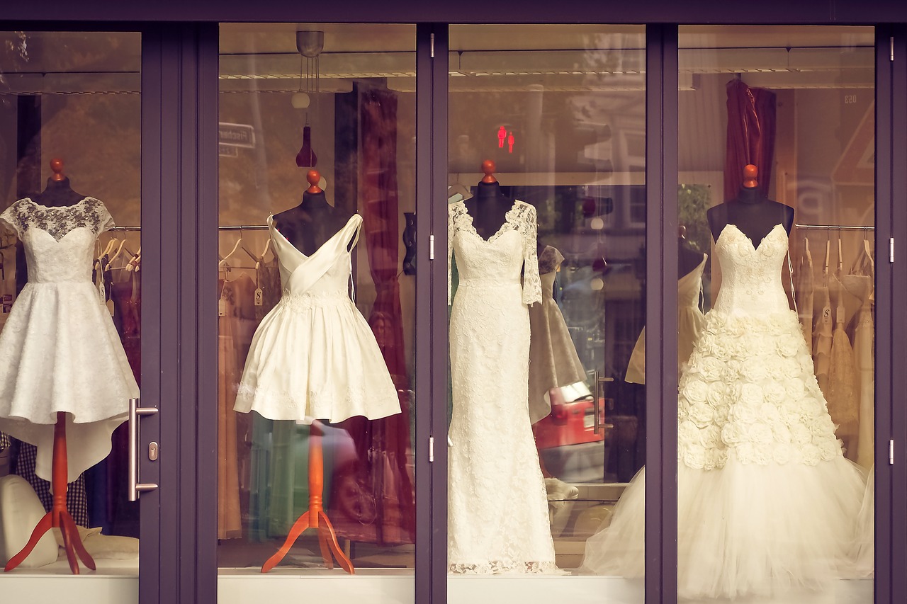Wedding dresses in boutique window