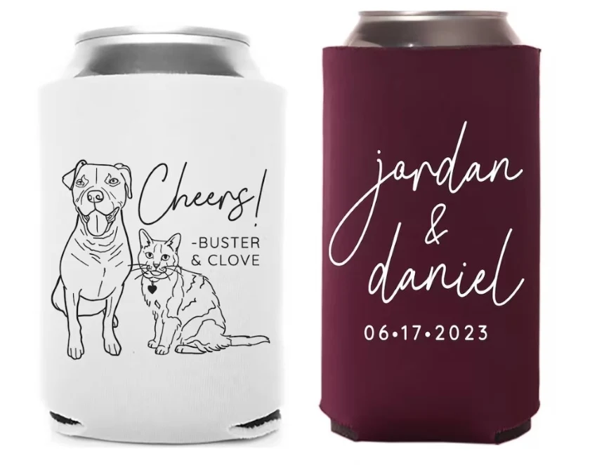 Double-sided koozie with an illustration of a cat and dog with the words "Cheers!" on one side and the couple's name and wedding date on the other side