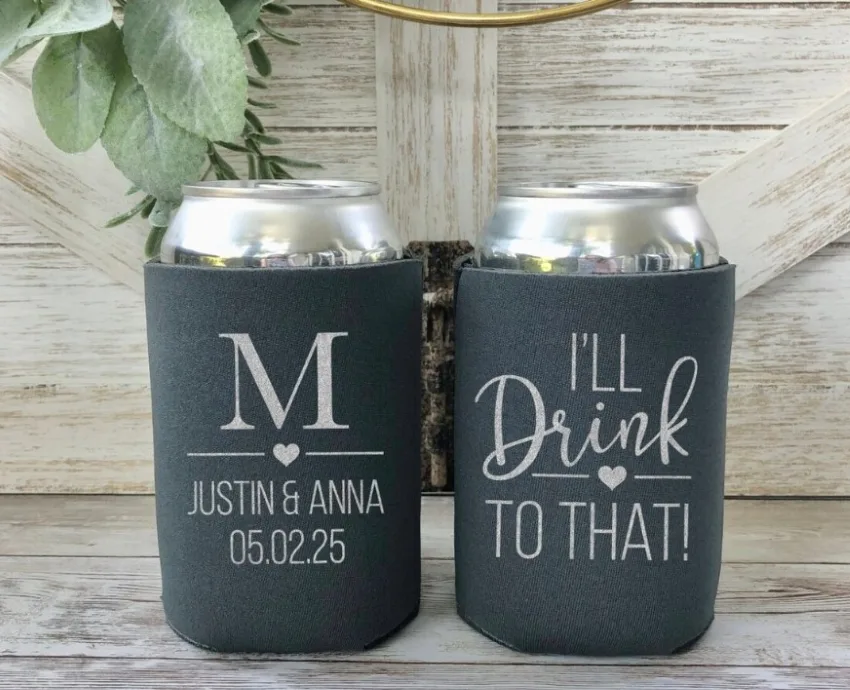 Grey Can Cooler with Couples Names and the words I'll Drink to That