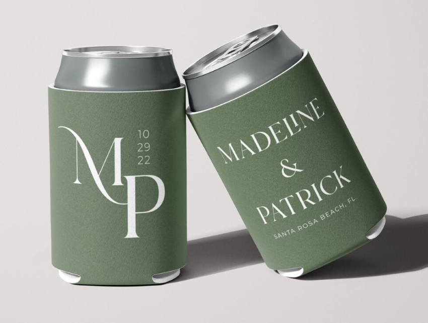 Sage green koozie with monogram on one side and couple's name on the other side