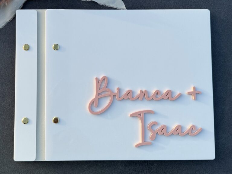 White and pink acrylic wedding guest book